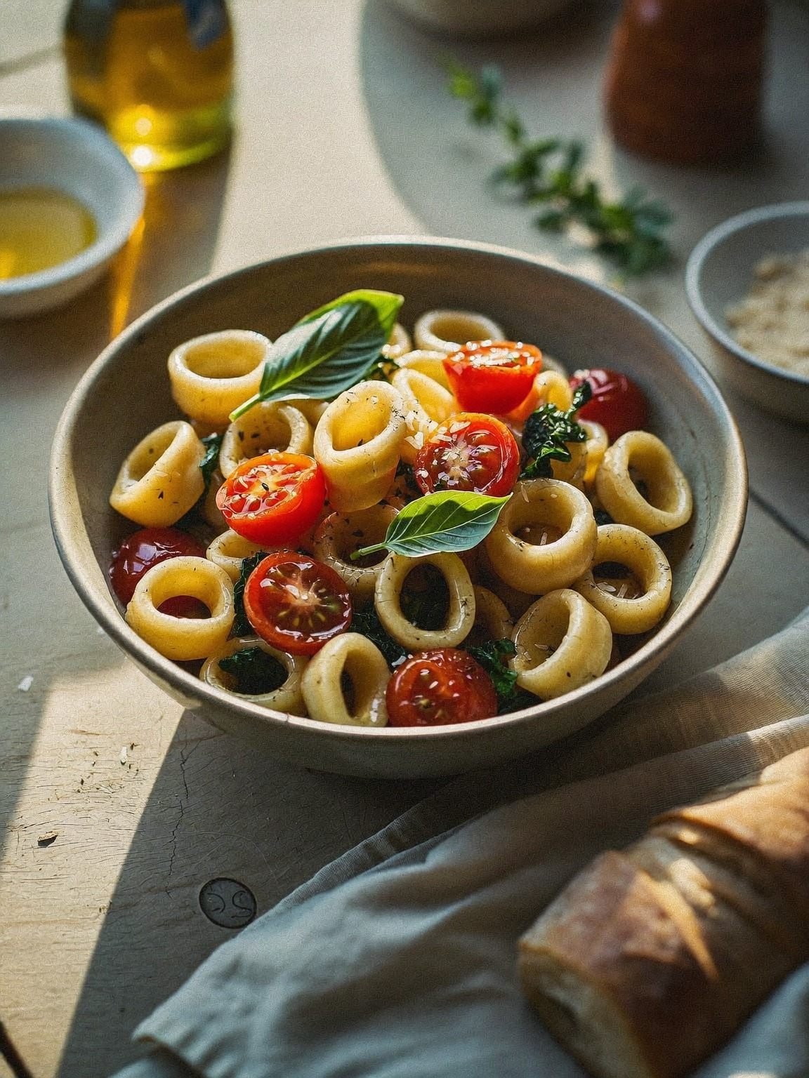 Schüssel mit hausgemachten Orecchiette, Kirschtomaten und Basilikum in warmem Licht
